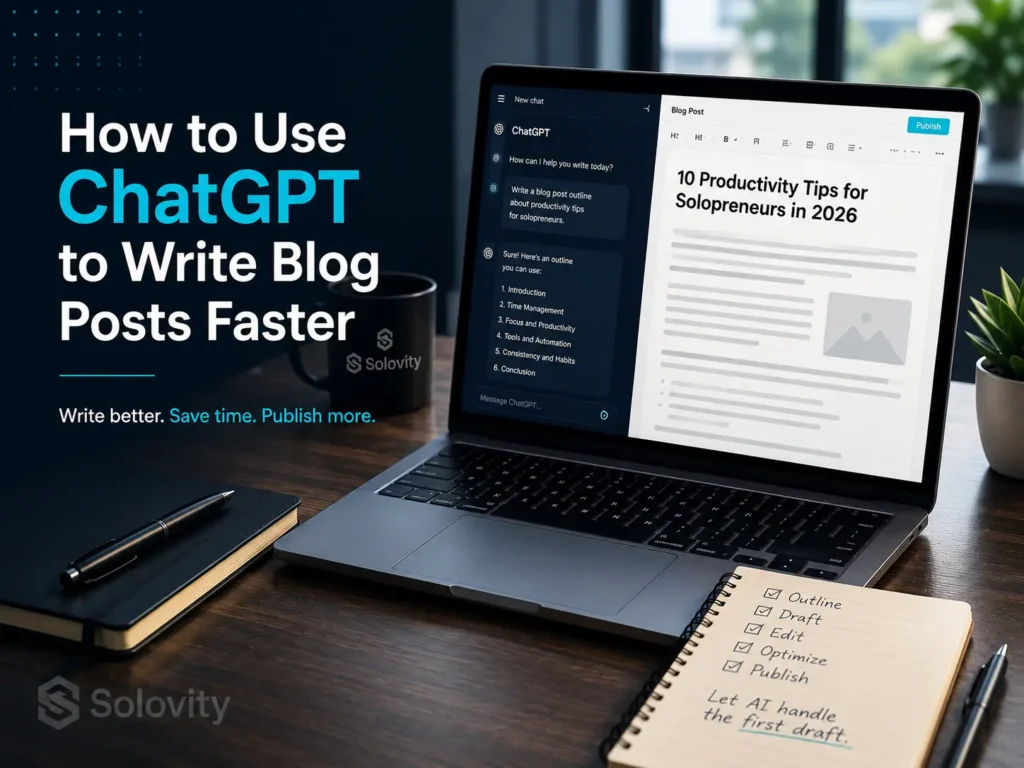 Modern workspace showing ChatGPT helping create blog content faster on a laptop with a blog editor, illustrating an AI-assisted blogging workflow.
