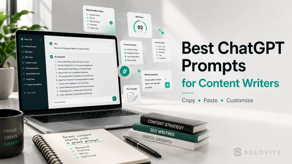 Featured image for the SOLOVITY guide 'Best ChatGPT Prompts for Content Writers.' The illustration depicts a clean editorial workspace with AI-assisted writing, content planning, SEO workflow elements, and productivity-focused design for modern content creators.