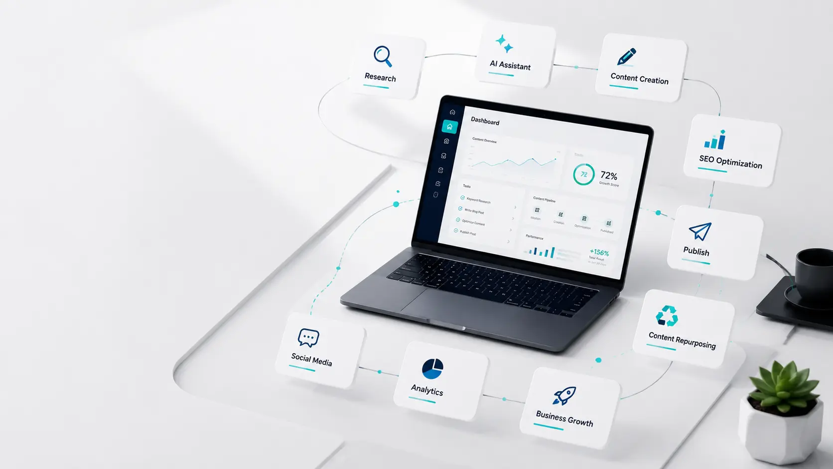 AI-powered business operating system dashboard showing a connected workflow for research, content creation, SEO optimization, publishing, analytics, and business growth in a modern SaaS workspace.